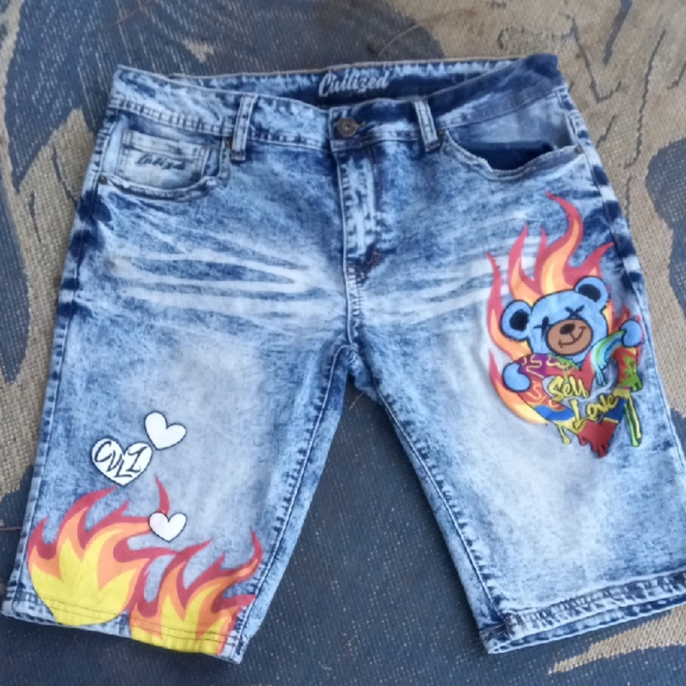 Blue Denim Shorts with Colorful Bear Design